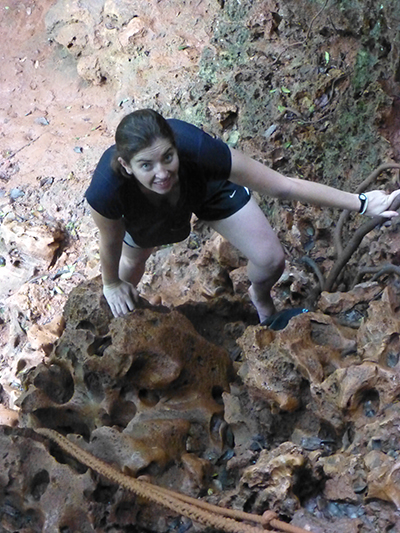 Should of brought a climbing rope is what she's thinking.