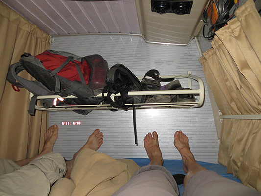 Inside the sleeper bus. Just enough room