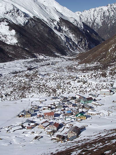 A view of the village of Kyanjin Gumba from the trail up to Kyanjin Ri.