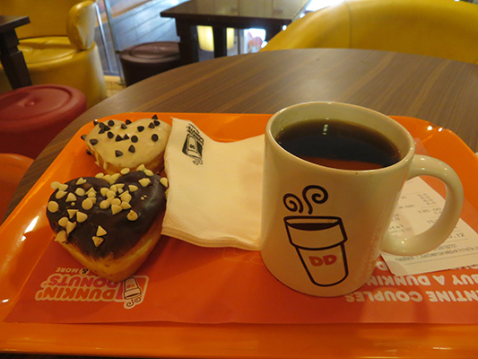 There was a Valentine's Day promotion going on. If you buy one Love Nut donut you get the second for free. Sweet. By the way, the coffee tastes just like it does in the U.S.
