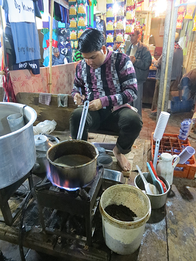 The master at work. Really, this was the best masala chai we had. He would change the intensity of the flame from time to time and watch the foam on top. Though I tried, I couldn't figure out his secret. Guess we'll have to go back some day. 