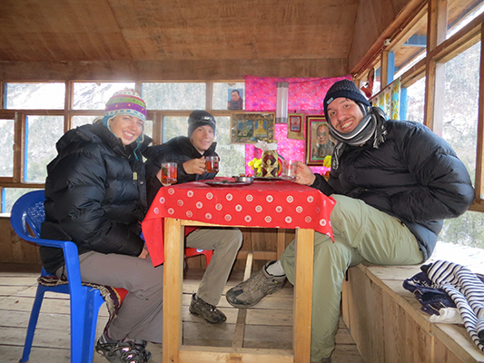 Warming up with tea on day three.