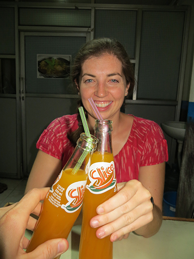 Sarah and I saying "cheers" to the great time we had in Nepal and enjoying our favorite mango drink.