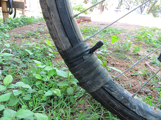 Temporary fix by our friendly bike repairman.
